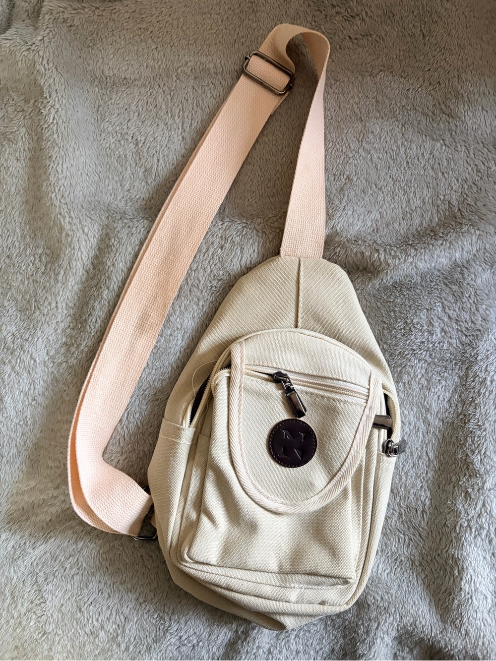 Cream Crossbody Sling Bag with Pink Strap